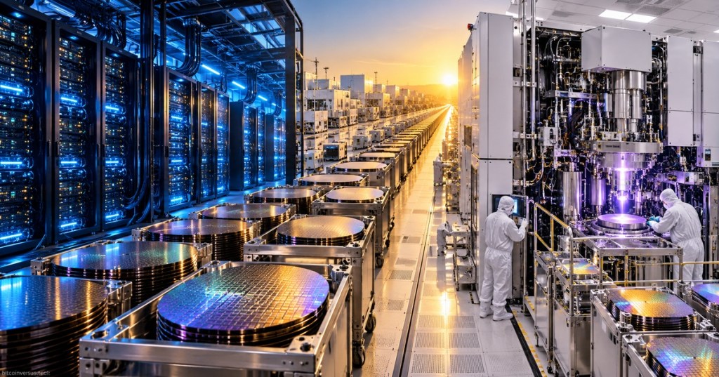 A cinematic semiconductor fabrication scene linking AI data center demand to advanced lithography and wafer production.