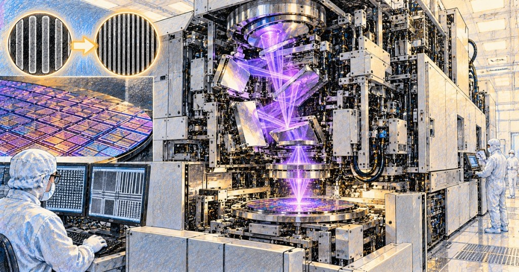 Colored-pencil semiconductor cleanroom illustration of a next-generation EUV lithography system using advanced optics to print finer chip patterns on a wafer.