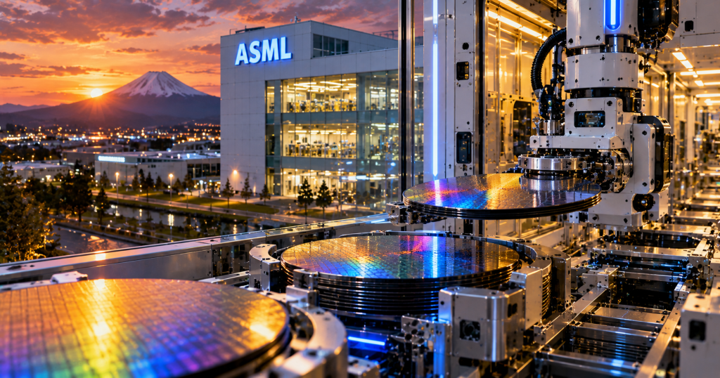 Editorial semiconductor-fab illustration with advanced wafer-handling equipment and reflective silicon wafers representing High-NA EUV manufacturing.
