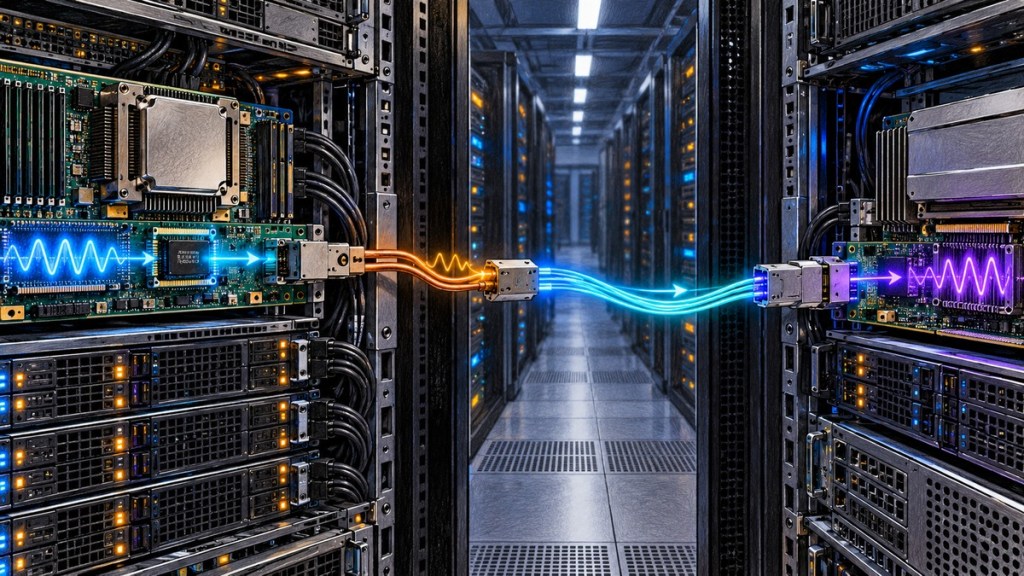 Technical illustration of a high-speed data path leaving an accelerator board over copper, passing through signal-conditioning hardware and crossing between AI racks over optical fiber.