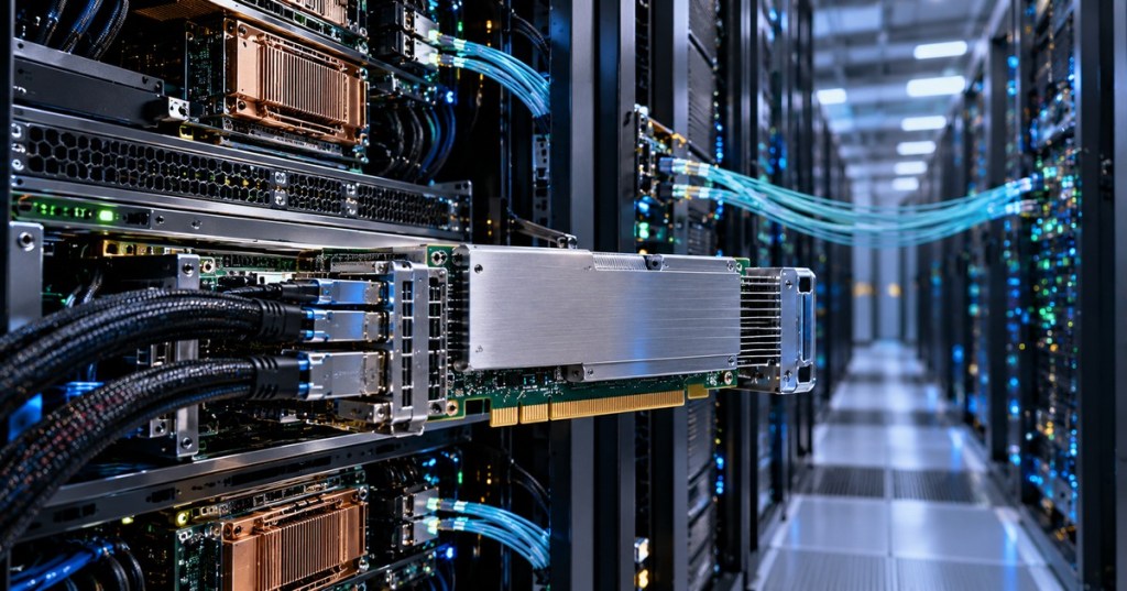 Photorealistic AI data center rack with a high-speed accelerator card, dense copper links and optical fiber representing PCIe 7 connectivity.