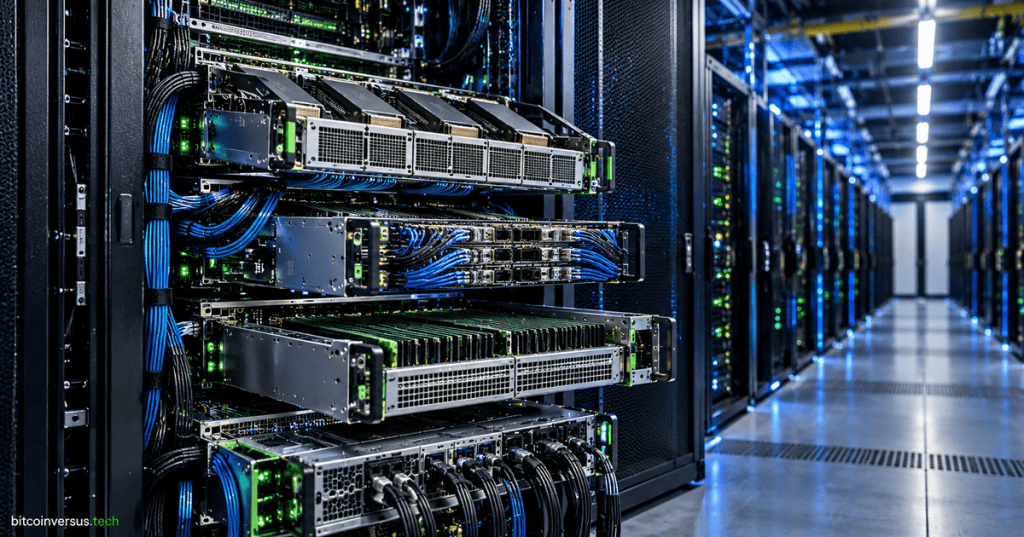 Original editorial illustration of a modular AI server rack with compute, fabric, and memory trays in a modern data center, representing Astera Labs Orion rack-scale architecture.