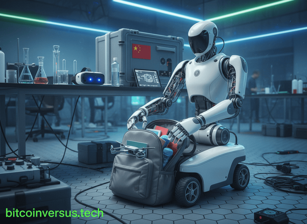 A cable-driven wheeled humanoid research robot packs a backpack in a robotics laboratory.
