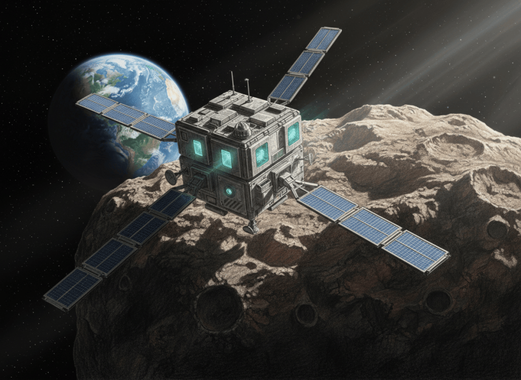 Color-pencil illustration of an autonomous deep-space spacecraft flying near a metallic asteroid.