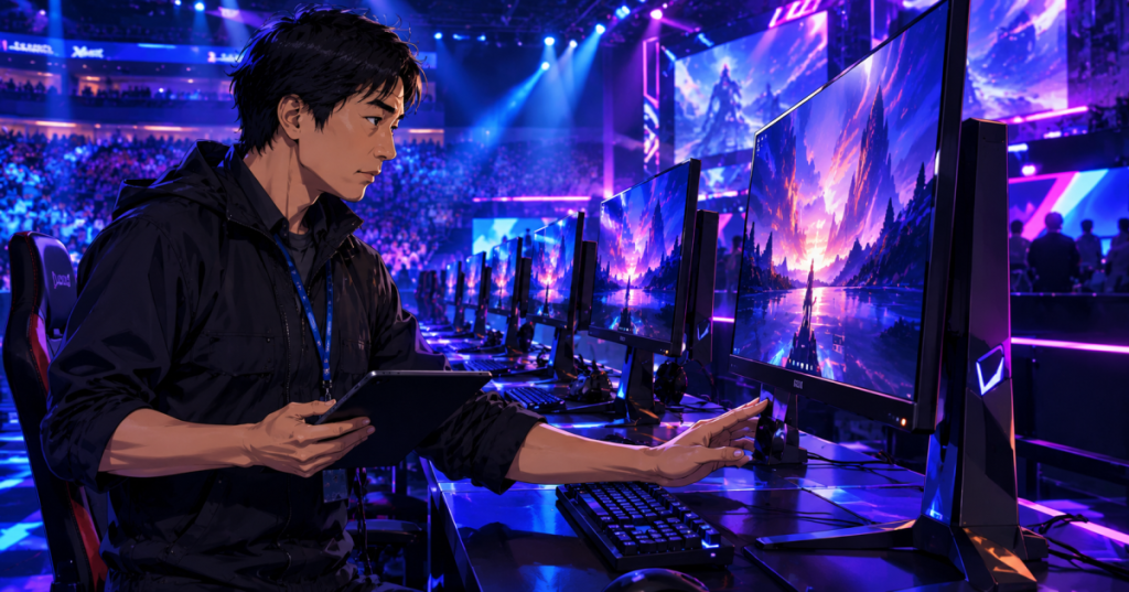 Anime editorial artwork depicting an adult East Asian male technician checking gaming monitors at a neon-lit esports competition