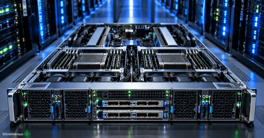 Original editorial image of a dual-socket 2U AI server in a modern data center, representing the ASUS XA P2N-E2 and NVIDIA Vera CPU platform.