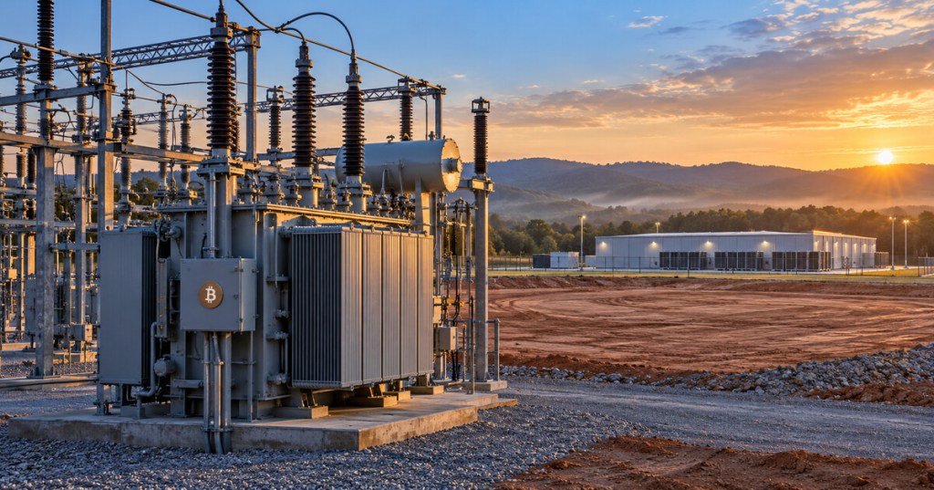 Conceptual illustration of a substation beside a future compute development parcel; not a photograph of Atlantic’s Dyersburg site.