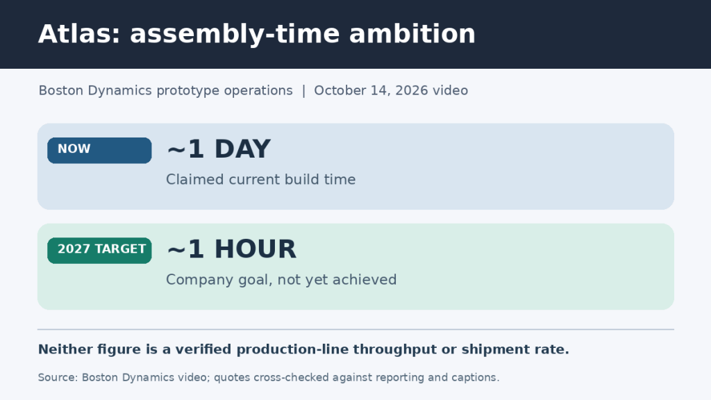 Boston Dynamics says Atlas builds take about one day in 2026 and targets about one hour in 2027; these figures are not demonstrated factory throughput
