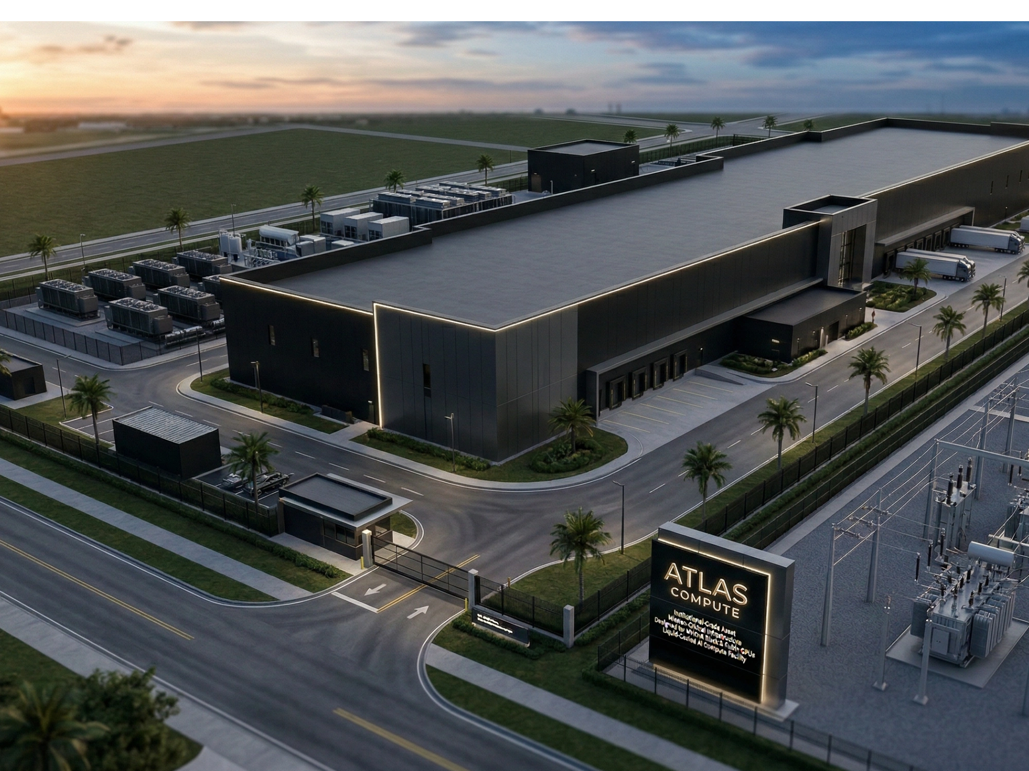 Atlas Compute official promotional render of a proposed data center beside a substation, not a built Florida facility