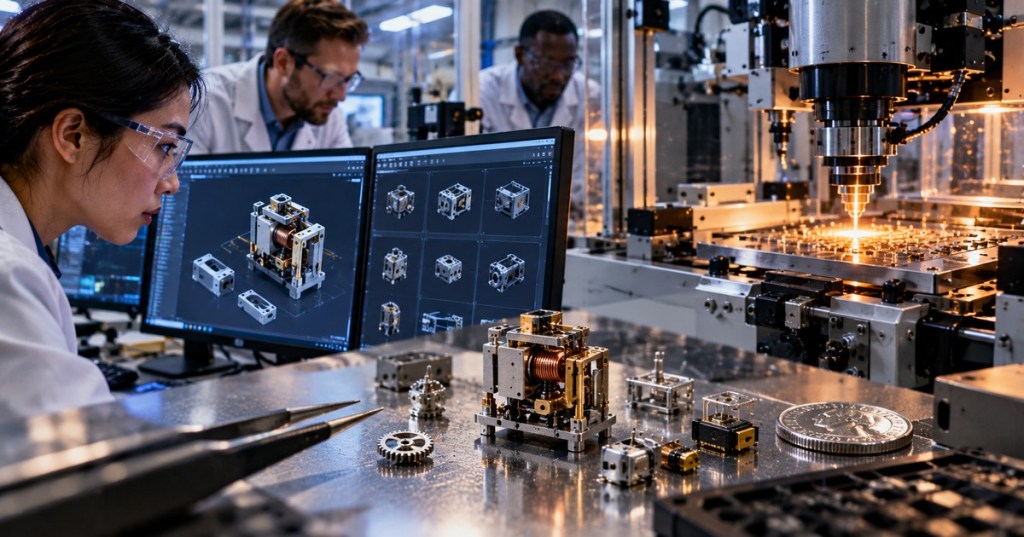 Engineers inspect tiny multi-material mechanical devices beside digital CAD models and automated microfabrication equipment.