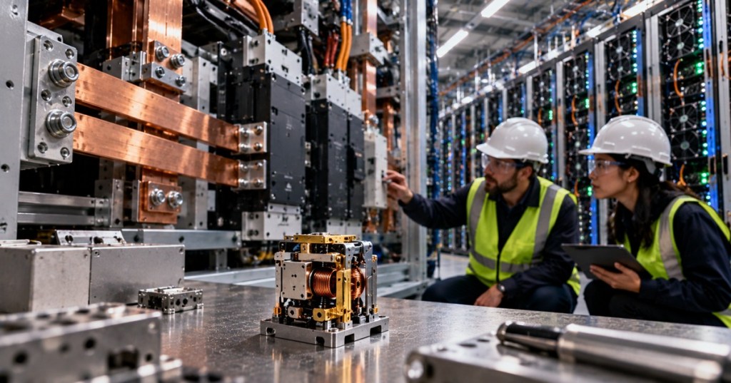 Engineers inspect a compact high-current relay beside copper busbars and server racks in an AI data-center power lab.