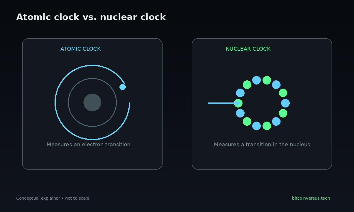 Diagram comparing an atomic clock based on electron transitions with a nuclear clock based on transitions inside the atomic nucleus.