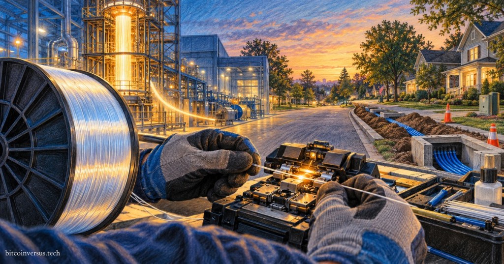 Colored-pencil editorial illustration of fiber manufacturing, a splicing workbench and neighborhood broadband installation.