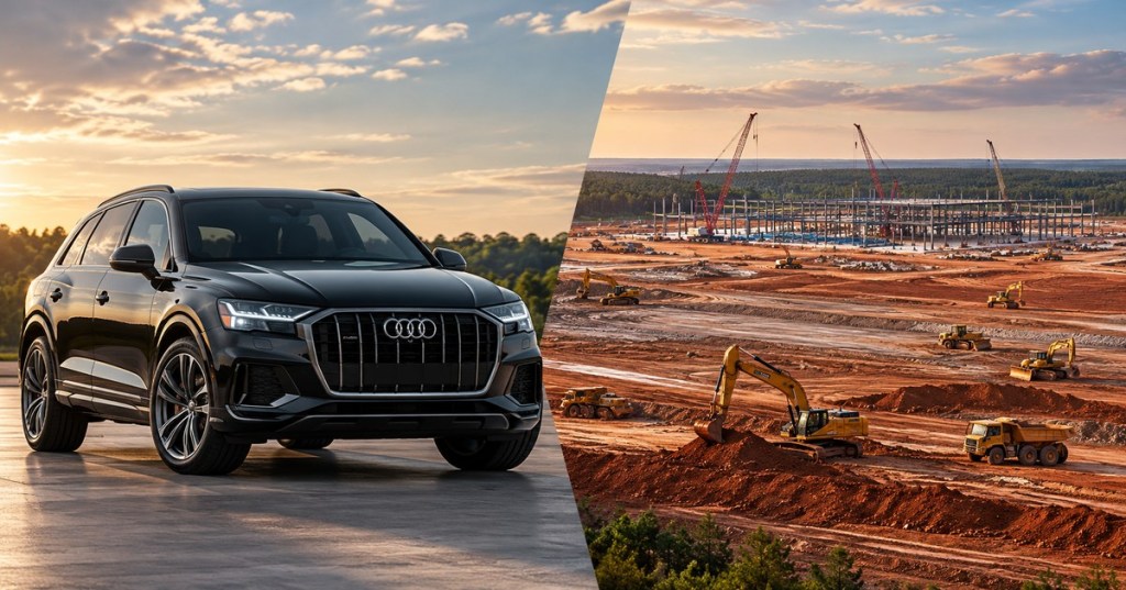 Editorial illustration showing an Audi SUV beside a conceptual future factory construction site in Georgia; the pictured site is illustrative, not a current construction photograph.