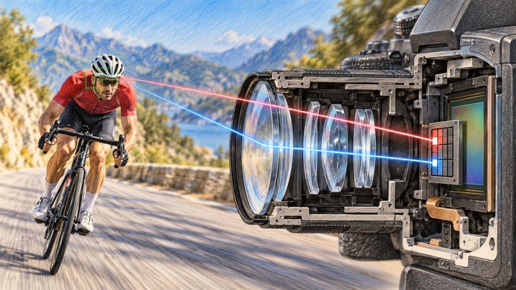 Colored-pencil technical illustration of a camera tracking a cyclist, showing light splitting through the lens toward phase-detection autofocus pixels on the image sensor.