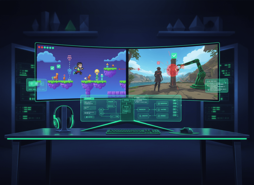 Editorial illustration of automated coding and runtime testing across 2D and 3D video games.
