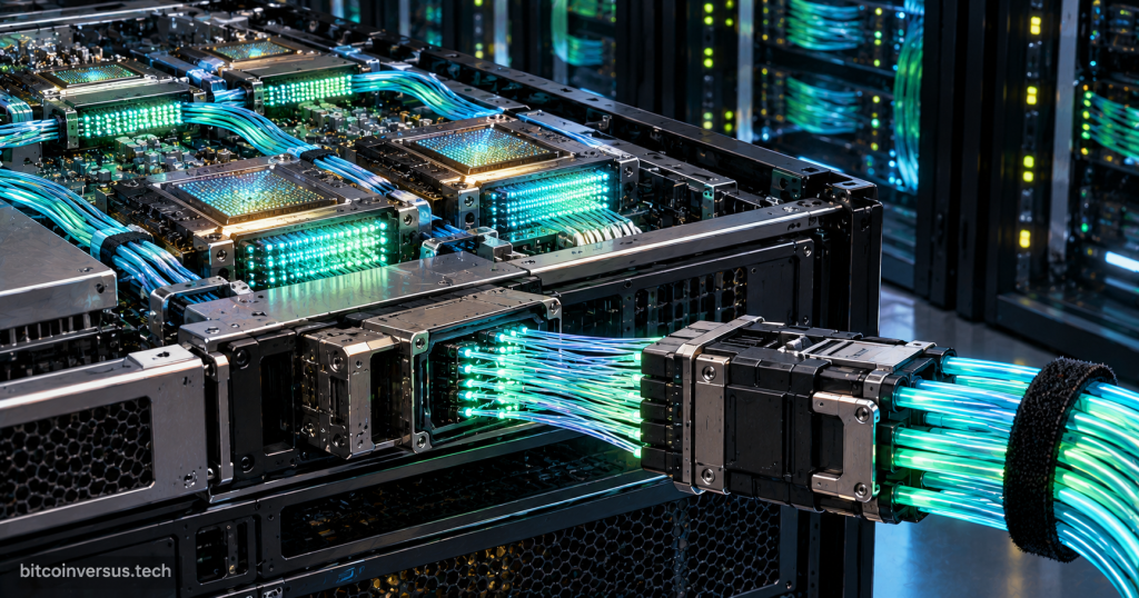 Futuristic AI server chassis with a detachable dense optical connector and glowing microLED-style fiber links.