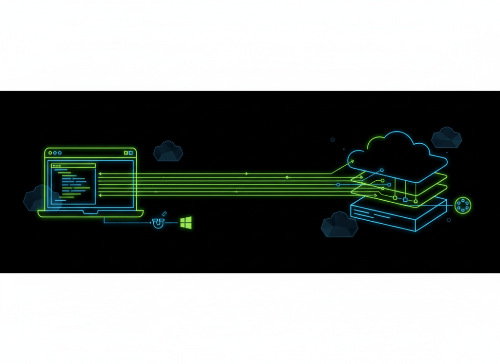Technical diagram of a developer CLI orchestrating layered cloud infrastructure, dependencies, parallel deployments and local authentication.