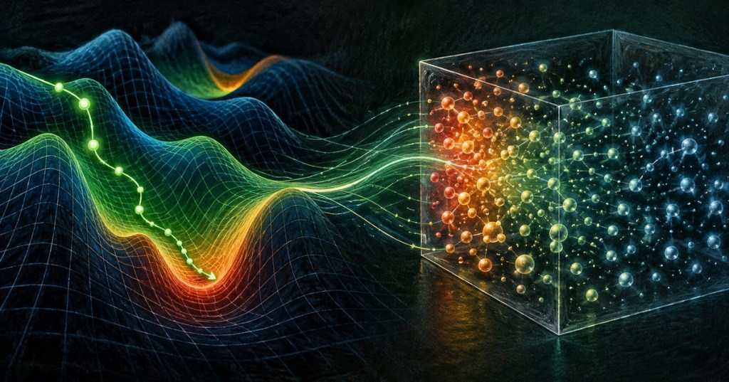 Illustration comparing a neural-network loss landscape with a thermodynamic particle system approaching equilibrium.
