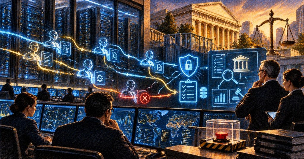 Original illustration of financial regulators monitoring autonomous AI systems, cybersecurity controls and bank infrastructure.