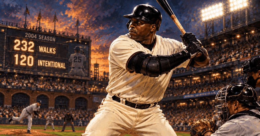 Oil-painted editorial illustration of a baseball batter and scoreboard highlighting 232 walks in 2004