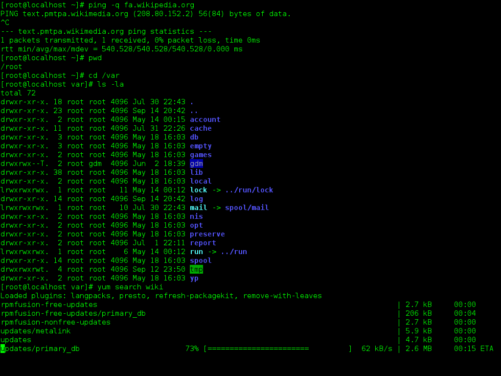 Fedora GNOME Terminal screenshot showing Bash commands including pwd, cd, ls, yum, and ping