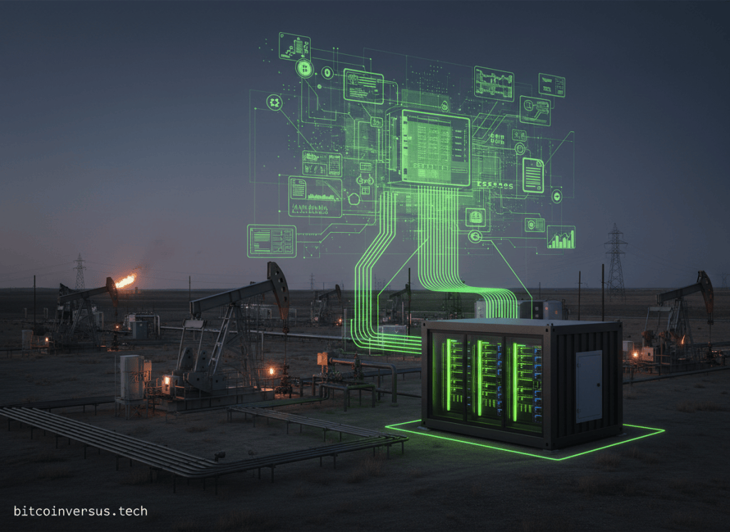 West Texas oilfield equipment connected to AI servers and data infrastructure that unify well, production, land, and field operations data.