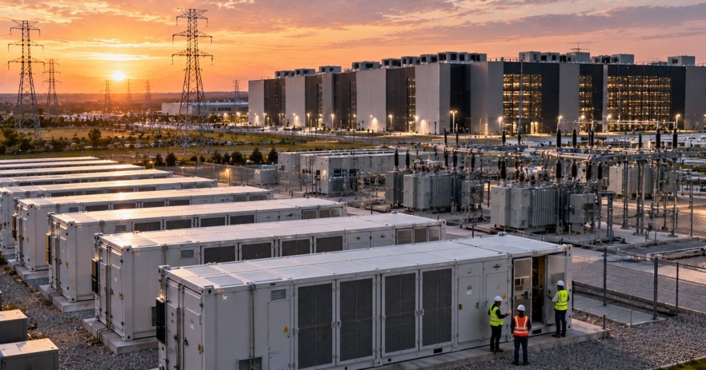 Utility-scale battery storage containers, a substation, and a large data center share an industrial power campus at sunset.