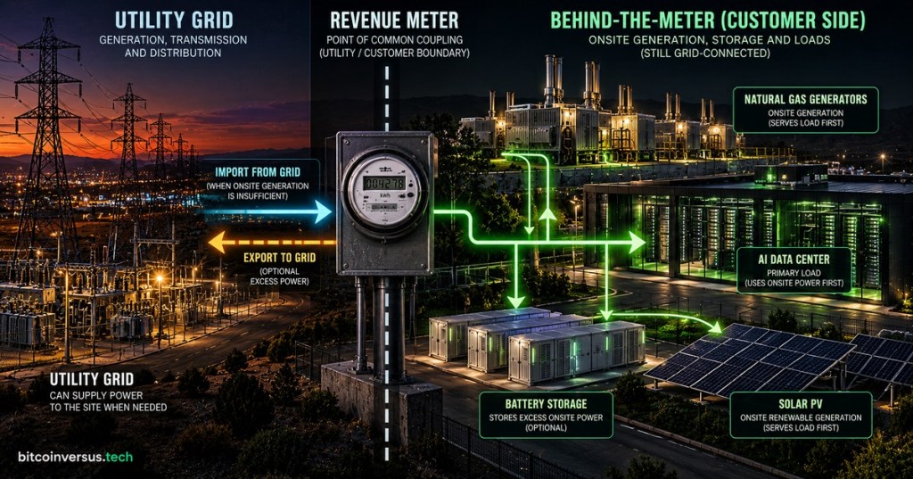 Diagram showing utility grid power crossing a revenue meter while onsite natural-gas generation, batteries, solar and an AI data center sit on the customer side