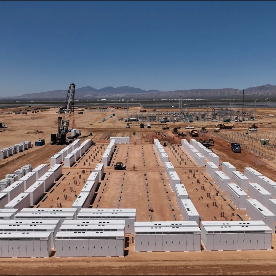 Aerial construction view of the battery storage enclosures at Bellefield in Kern County, California
