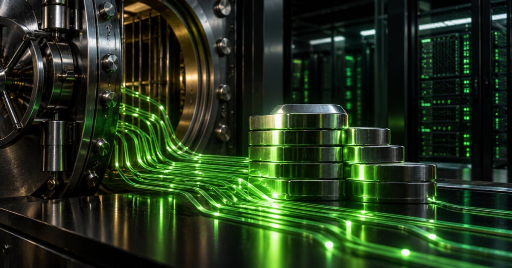 Original black and neon-green technical editorial artwork showing an industrial vault and stacks of metallic capital blocks connected by glowing circuitry