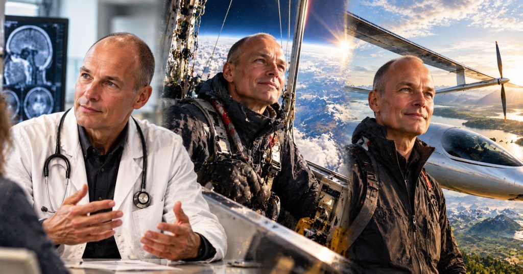 Illustrated Career News portrait of Bertrand Piccard as a psychiatrist, balloon explorer, and clean aviation pioneer