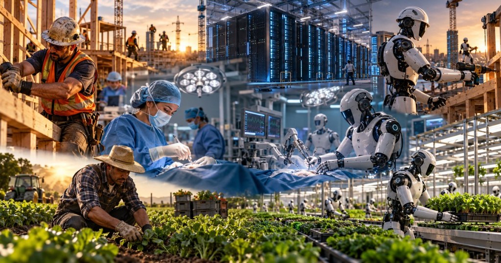 Split-screen editorial visualization of people and humanoid robots performing construction, surgery and agriculture, with data center infrastructure in the background.