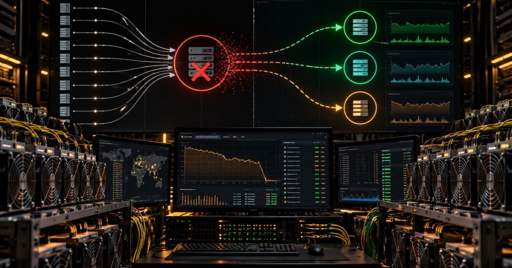 Bitcoin mining control room showing hashrate being redirected away from a failed mining pool endpoint to alternative pool nodes.