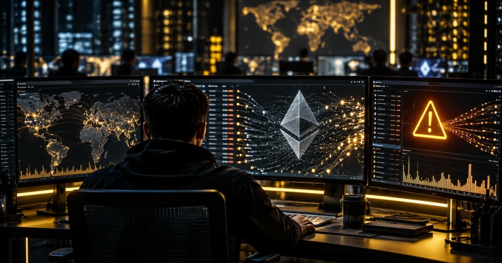 Editorial illustration of a cybersecurity analyst monitoring cryptocurrency network activity during a security alert