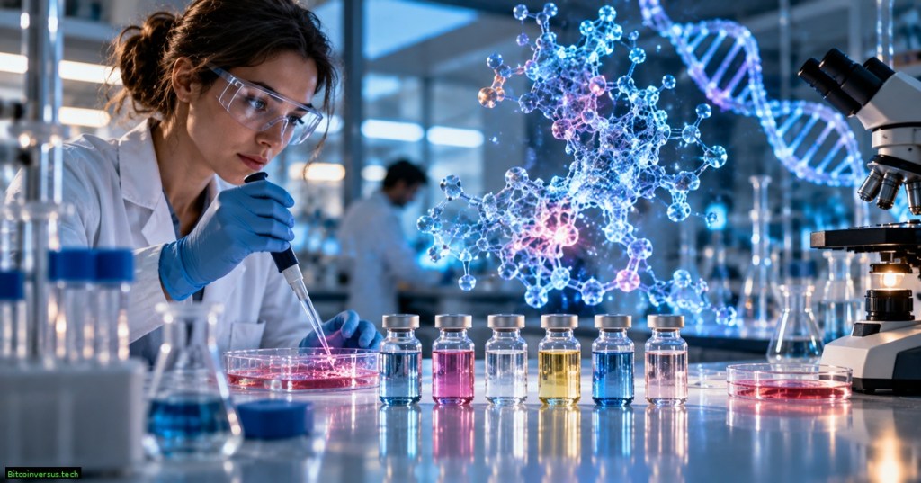 A biotechnology researcher using pipettes in a modern lab with DNA and molecular visualizations, representing AI-assisted virtual clinical trial prediction.