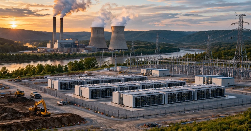 Large Bitcoin mining campus under construction beside a riverside power plant and substation in West Virginia