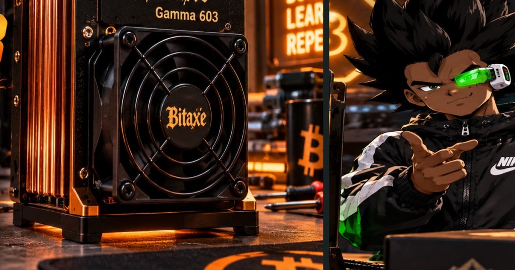 Conceptual editorial diptych showing a Bitaxe-style single-chip cooling fan and a futuristic anime technology hobbyist.