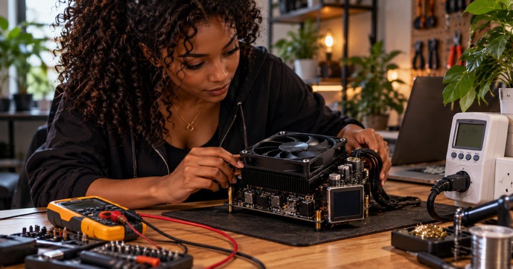 A home Bitcoin mining hardware enthusiast checks a compact fan-cooled open-source computing board next to a wattmeter in her electronics workshop; conceptual editorial photograph.