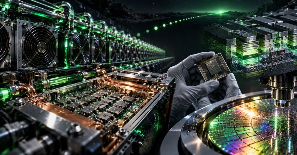 Original black and neon-green editorial artwork showing ASIC miner hashboards, cooling hardware, a technician inspecting a microchip and a semiconductor wafer; conceptual illustration.