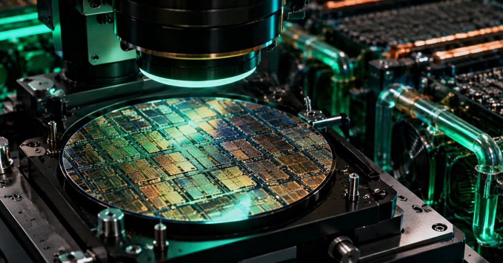 Original editorial image of a silicon wafer under semiconductor inspection equipment alongside Bitcoin mining hashboards and copper liquid cooling components.