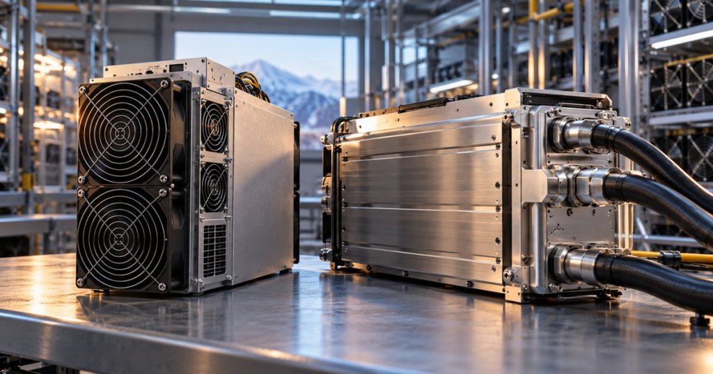 Original wordless editorial image of an air-cooled Bitcoin ASIC beside a hydro-cooled Bitcoin mining machine in a data-center laboratory
