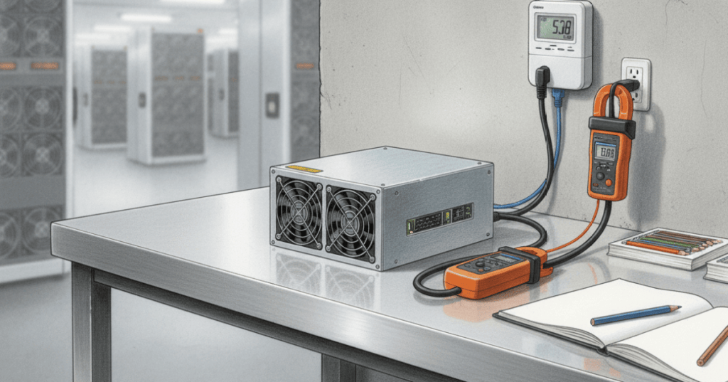 Bitcoin ASIC miner on an engineering workbench beside wall-power measurement equipment.