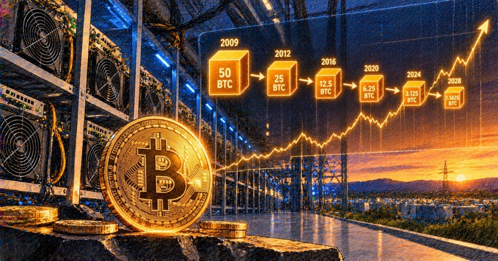 Colored-pencil Bitcoin mining illustration showing ASIC miners and the programmed block-subsidy reductions from 50 BTC to 3.125 BTC and beyond.
