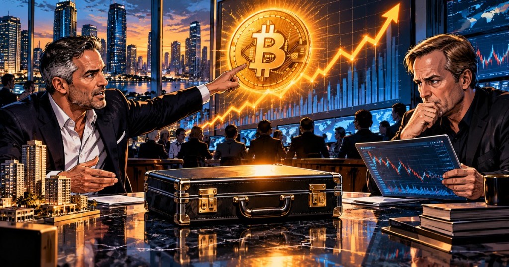 Wordless comic-style illustration of two investors debating Bitcoin across a locked briefcase, with trading screens and city lights behind them