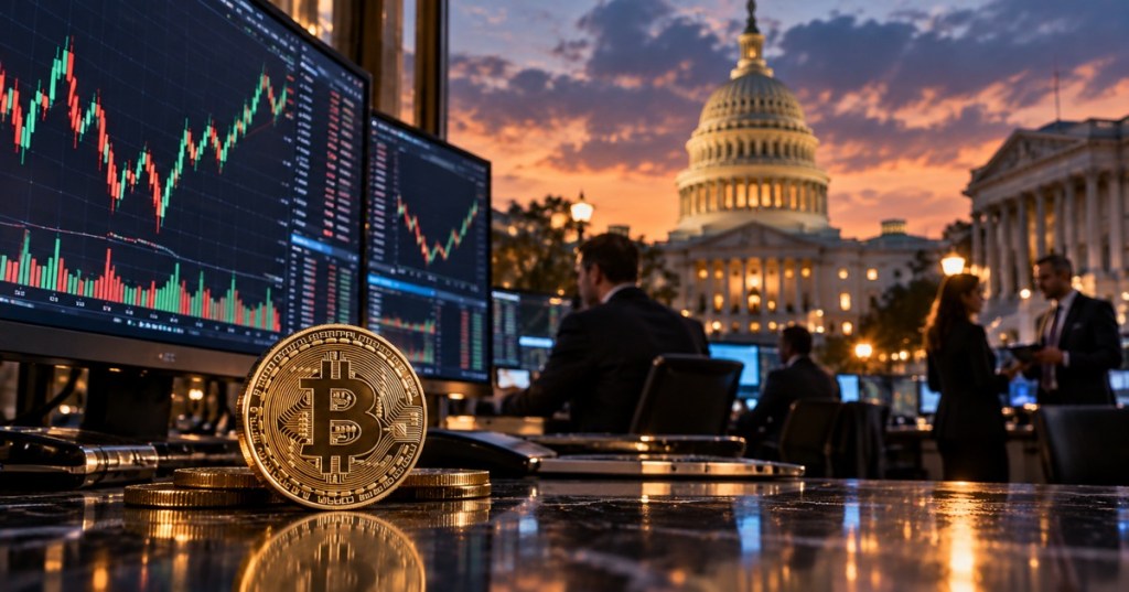 Bitcoin trading desk and the US Capitol at sunset