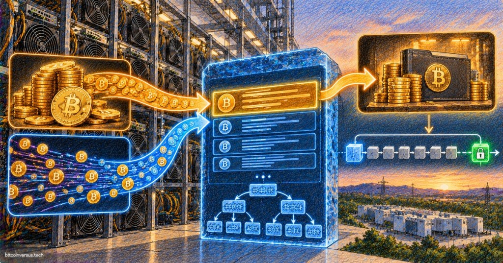 Colored-pencil Bitcoin mining illustration showing ASIC miners, transaction fees, a coinbase transaction inside a block, a Merkle tree, and the block reward flowing to a miner wallet.