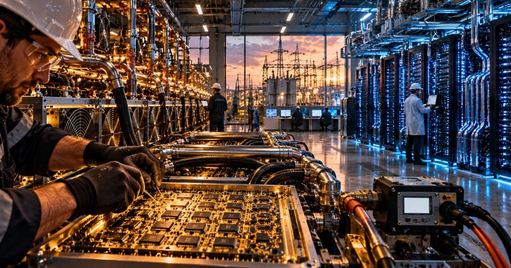 Conceptual, detailed editorial scene showing a Bitcoin ASIC hashboard engineer, industrial hydro-cooled Bitcoin mining machines, high-performance computing racks and a power substation. Not a photograph of LineShine or an actual operating combined facility.