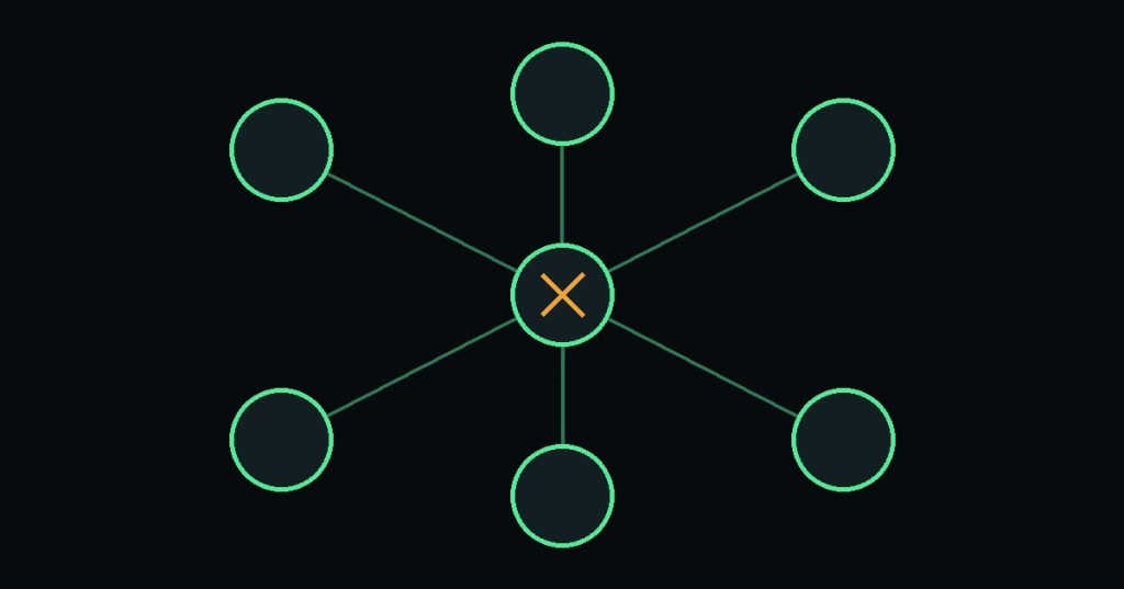 Original technical cover showing a distributed Bitcoin node network around a central core node