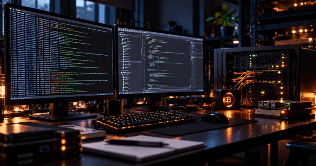 Photorealistic Bitcoin node and developer workstation with terminal logs, code editor, server hardware and Bitcoin-themed lighting.